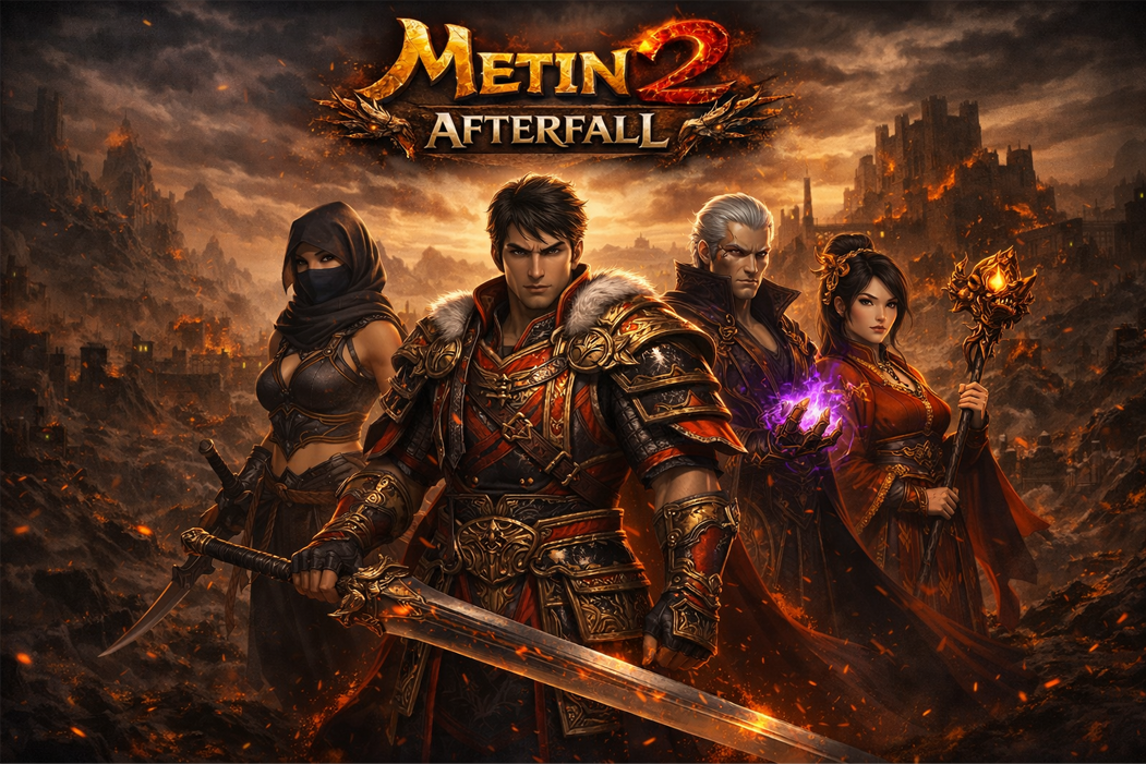 Artwork principale di Metin2 Afterfall con i personaggi davanti a un mondo in rovina